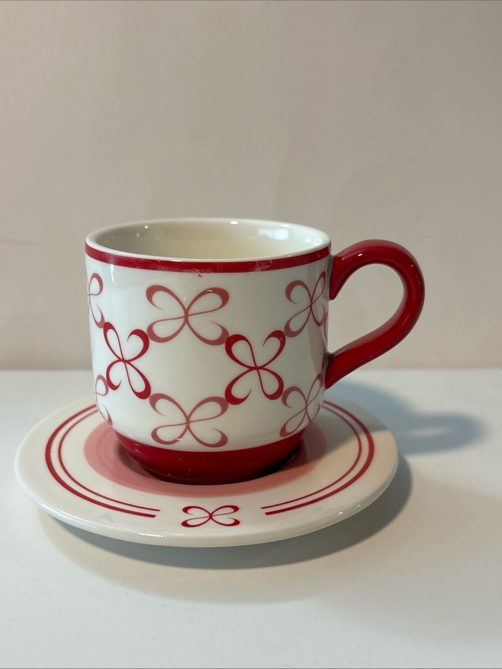 Anthropologie Maeve Stoneware Espresso Cup & Saucer Red Motif NIB